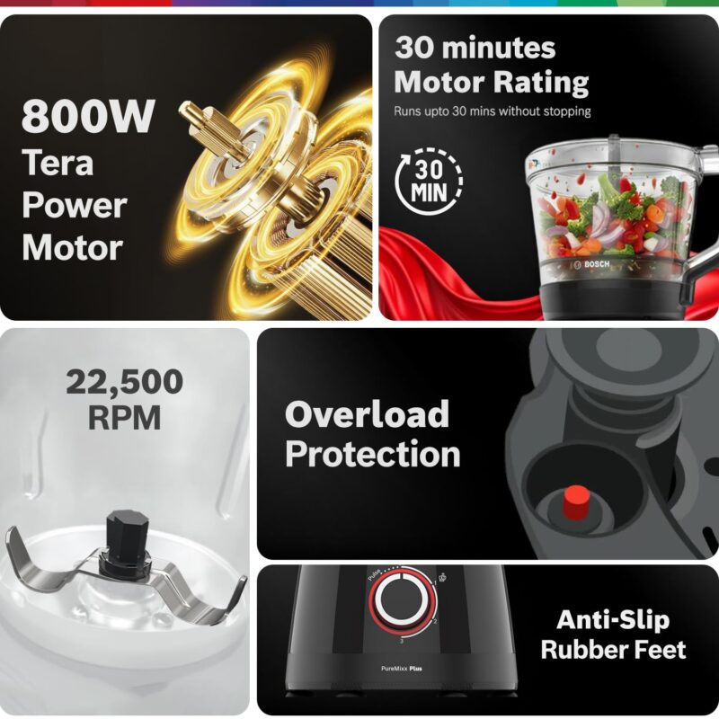 Bosch PureMixx Plus 800W Mixer Grinder & Food Processor with 5 Jars, 40+ Functions, Atta Kneading, Chopping, Slicing, Coarse Grinding, Hands-Free Operation, 7-Year Motor Warranty, Black - Image 3