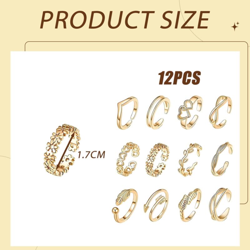 Urvara 12 PCS Toe Rings, Adjustable Rings Set for Women, Stackable Gold Toe Rings for Daily Wear and Beach Parties, Fashion Jewelry Accessories for Gift Giving - Image 7
