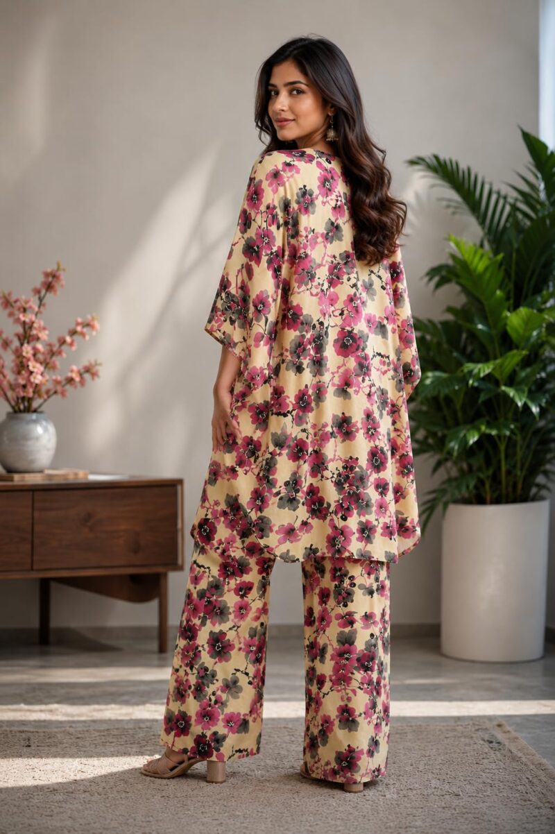 Women's Floral Printed Cotton Kaftan & Palazzo Set | V-Neck Loose Fit Lounge Wear Co-Ord Set | Soft Breathable Casual Nightwear Loungewear for Women | Beige (XXL) - Image 5