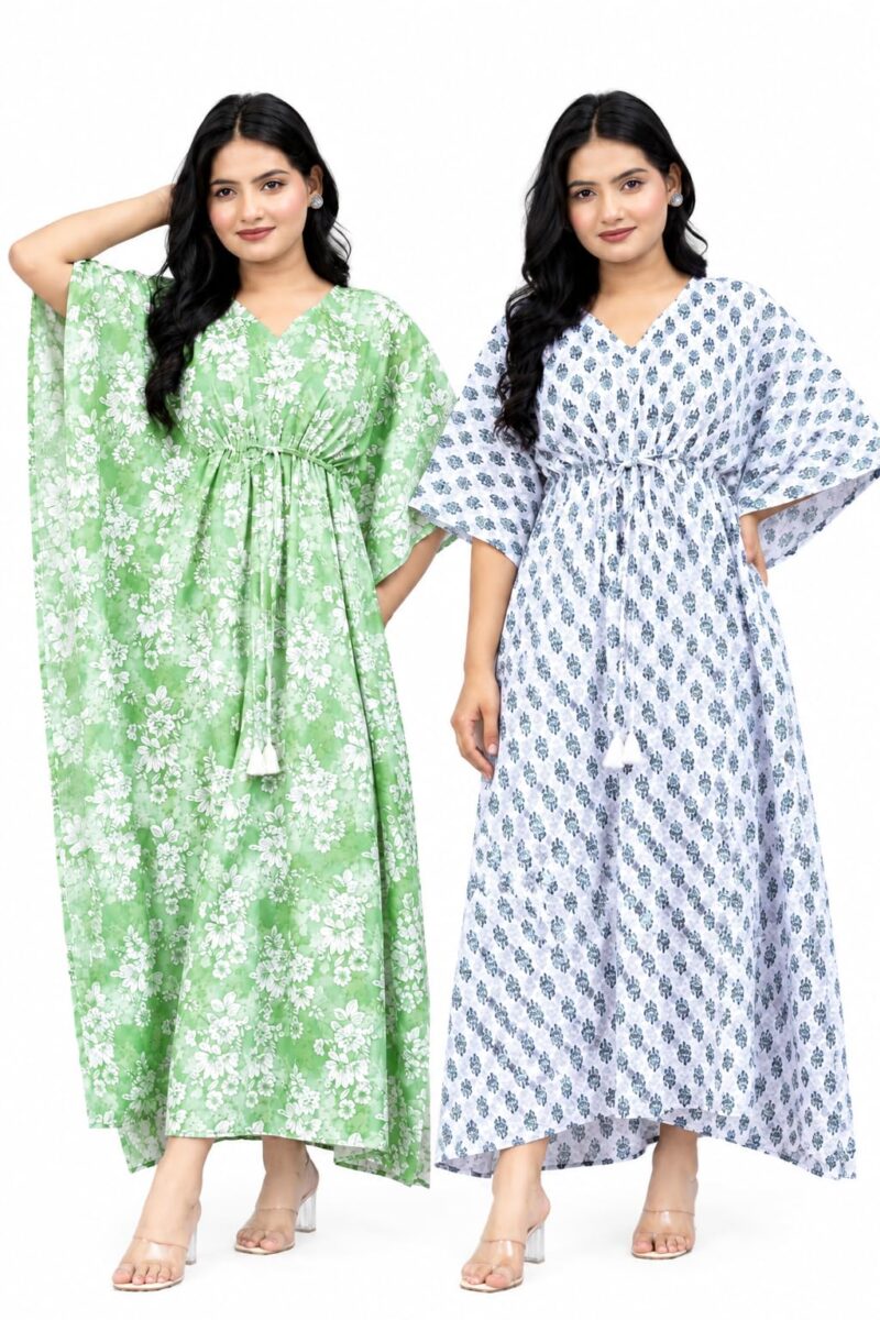 VADHIKA GARMENTS Women Long Kaftan Night Dress Stylish Printed Nighty Pack of 2 (Free Size, Green, White, Blue, Free Size)