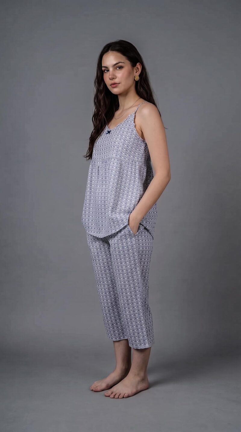 Evolove x Venus Rayon Slub Floral Capri Pajama Set for Women | V-Neck Short Sleeve Top & Capri Pants | Night Suit, Dusty Blue, M - Image 3