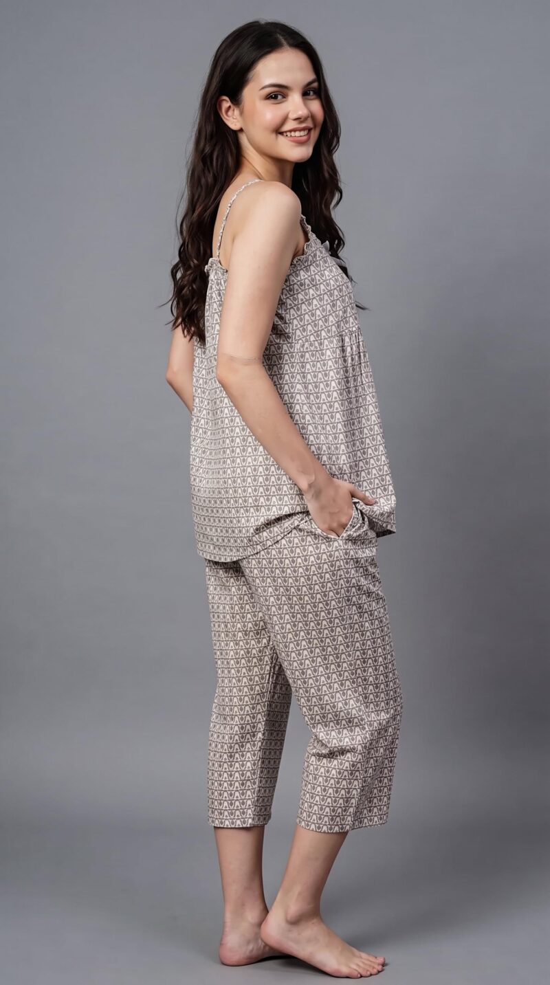 Evolove x Venus Rayon Slub Floral Capri Pajama Set for Women | V-Neck Short Sleeve Top & Capri Pants | Night Suit, Grey, M - Image 6