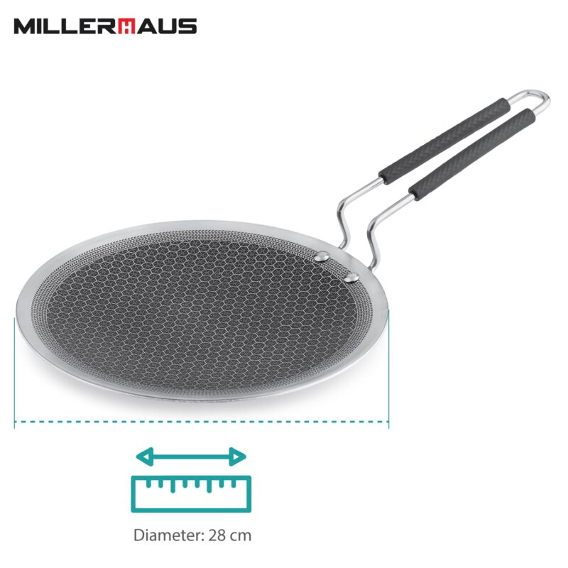 Millerhaus Triply Honeycomb 25cm Roti Tawa, Honeycomb Pattern with Non-Stick Coating, Metal Utensil Safe, Healthy Cooking, Even and Faster Heating, Stay Cool Wired Handle - Induction and Gas Ready - Image 3