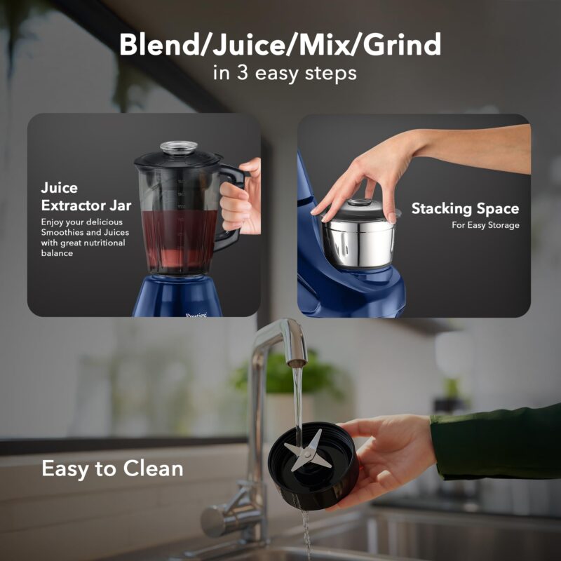 Prestige Astra Neo 750 Watt Mixer Grinder with 4 Jars (3 Stainless Steel + 1 Juicer) | Space-Saving Stacking Design | Super Efficient SS Blades | Blue |2Y Warranty | ISI Certified - Image 5