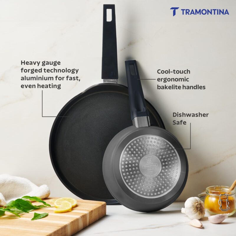 TRAMONTINA Chroma Cookware Set of 2 - Fry Pan 20 cm & Dosa Tawa 28 cm | Ceramic Reinforced Cookware | Cold Forged | Bakelite Handle | All Cooktop Compatible | Dishwasher Safe Grey - Image 4