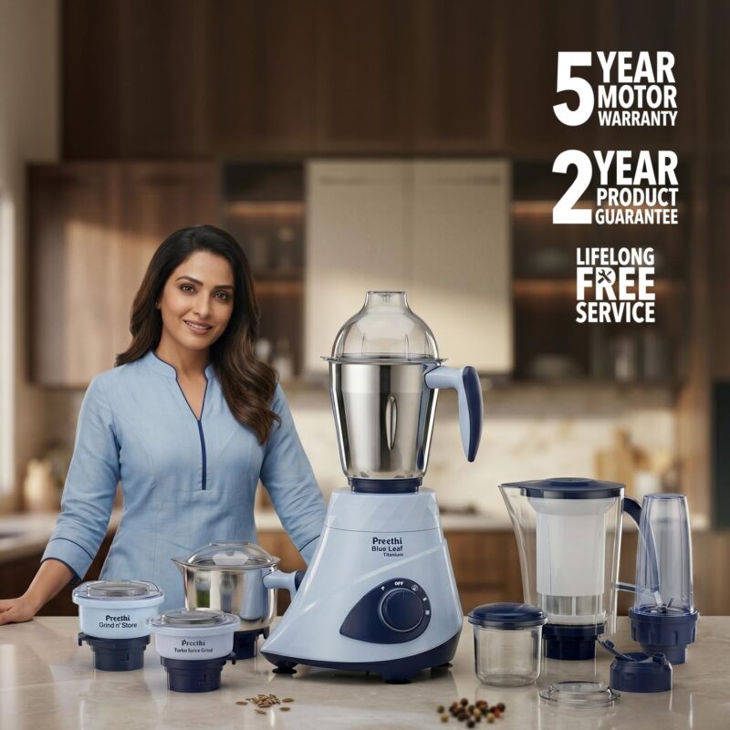Preethi Blue Leaf Titanium 1000 Watts Mixer Grinder, 7 Jars (4 Stainless Steel Jars, Juicer, Blender), Superfine Grinding for Masalas, Chutneys and Batters, 2 Year Warranty, Lifelong Free Service,Blue - Image 12