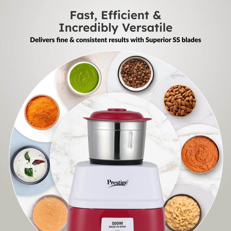 Prestige Orion 500 Watts Mixer Grinder with 3 Stainless Steel Jars |3 Super Efficient Stainless Blades |Sturdy Handles|Red & White - Image 5