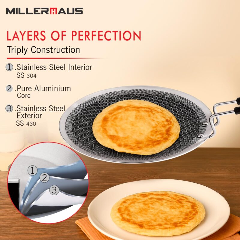 Millerhaus Triply Honeycomb 25cm Roti Tawa, Honeycomb Pattern with Non-Stick Coating, Metal Utensil Safe, Healthy Cooking, Even and Faster Heating, Stay Cool Wired Handle - Induction and Gas Ready - Image 5