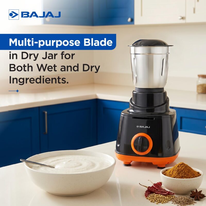 Bajaj Rex 500W Mixer Grinder | 3 Stainless Steel Jars with Multifunctional Blades | Nutri-Pro Feature for Efficient Grinding & Blending | Adjustable Speed Control | 1 Year Warranty | Black & Orange - Image 7