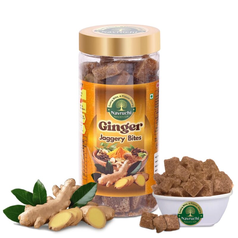 Navruchi Ginger Jaggery Cubes (Adrak Gud) 300g | Natural Gud Bites for Immunity & Digestion |No Added Preservatives, No Artificial Color | Organic Ginger Jaggery Cubes