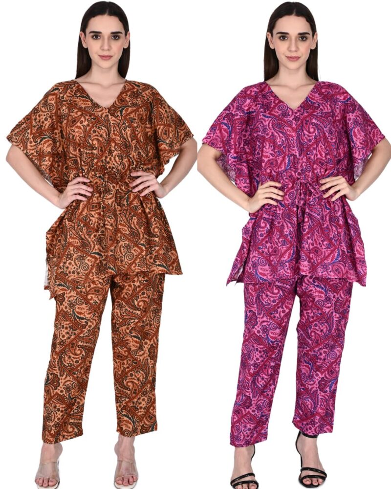 Bresdk Women Cotton Printed Kaftan Top & Pyjama Nightwear Set | Pack of 2 | Free Size Lounge Wear | Soft Breathable Fabric | One Side Pocket (Yellow,Rani, Free Size)