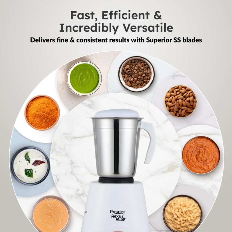 Prestige 500W Nexus Mixer Grinder with 3 Stainless Steel jars|1200ml Wet Jar,800ml dry jar, 400ml chutney jar|3 Super-efficient Blades|3 motor setting|Sturdy Handles |2 Yrs Warranty|White & Rose Gold - Image 5