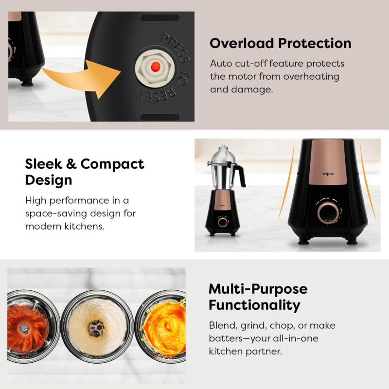 Wipro Elato Divine FMG 215 800 Watt Mixer Grinder with 4 Jars,Heavy Duty 100% Copper Ball Bearing Motor with 5 Year Warranty,Superfast Grinding,Clip Lids - Hands Free use, 4 Jars Mixer Grinder,Black - Image 8