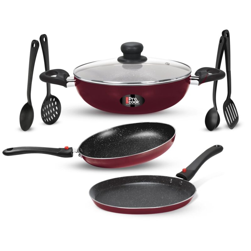 Milton Pro Cook Kitchen Pride Plus Granito I Set of 7 Non Stick Cookware | Non Induction I Cooking Pan, Kadhai with Lid, Tawa, Nylon Laddle & Spatula I Peach Metallic - Image 7
