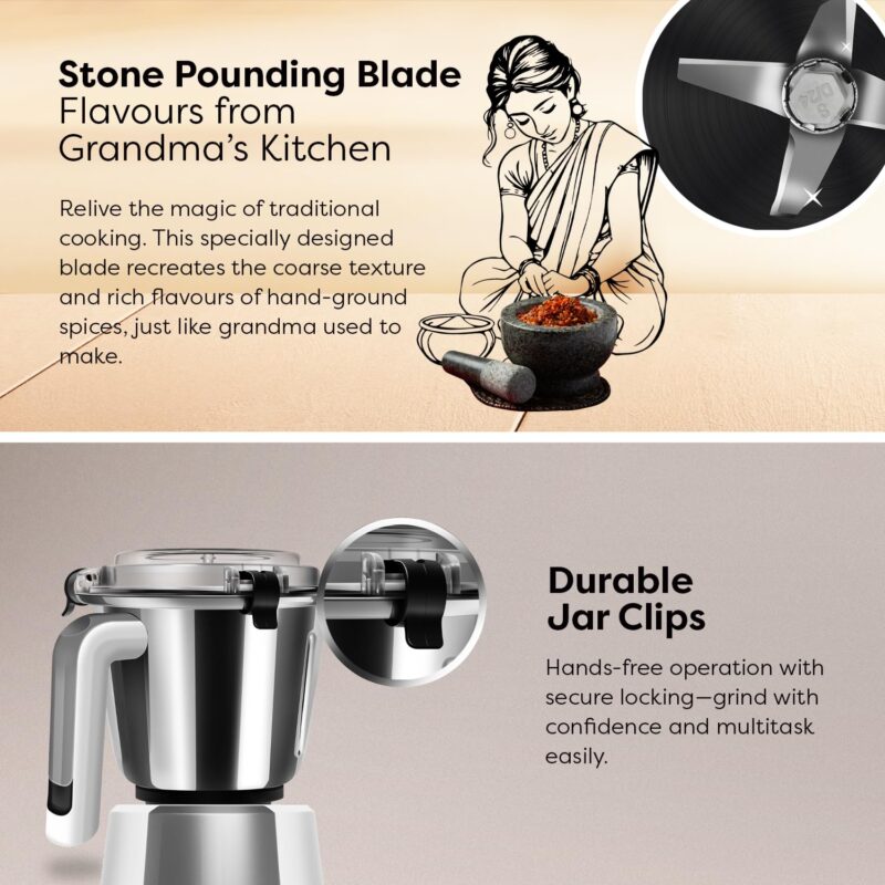 Wipro Elato Divine FMG 213 800 Watt Mixer Grinder with 4 Jars,Heavy Duty 100% Copper Ball Bearing Motor with 5 Year Warranty,Superfast Grinding,Clip Lids - Hands Free use, 4 Jars Mixer Grinder, White - Image 5