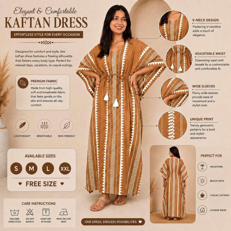Women's Pure Cotton Kaftan Maxi Dress, Brown Geometric Print, V-Neck Loose Fit with Drawstring Waist & Wide Sleeves | Kaftan Nighty, Beach Cover Up, Vacation & Lounge Wear | Free Size S-XXL - Image 4