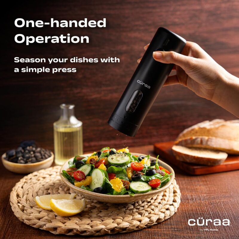 CÜRAA Electric Pepper Grinder with Adjustable Coarseness for Precision Seasoning | Rechargeable, One-Hand Operation | Automatic Pepper Mill for Kitchen | By Chef Sanjyot Keer - Image 3
