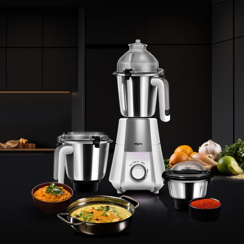 Wipro Elato Divine FMG 212 800 Watt Mixer Grinder with 3 Jars, Heavy Duty 100% Copper Ball Bearing Motor with 5 Year Warranty,Superfast Grinding, Clip Lids - Hands Free use,3 Jars Mixer Grinder, White - Image 3