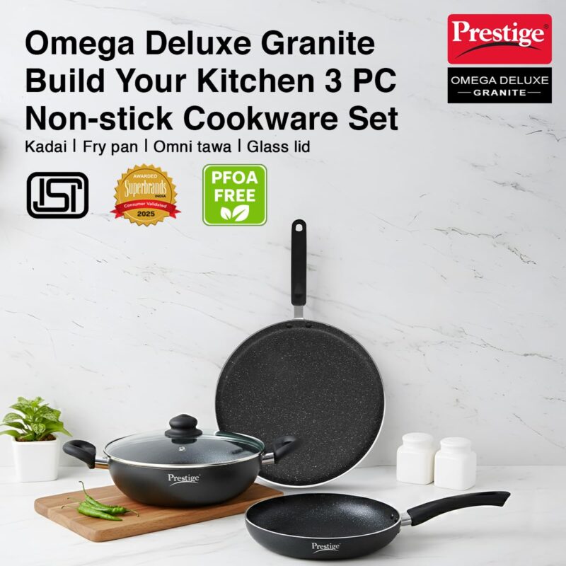 Prestige Omega Deluxe Granite Aluminium 3 Pcs Set- Tawa, Fry Pan & Kadai with 1 Glass Lid|Non-Stick|Spatter-Coated Surface|Induction & Gas Compatible|Black - Image 2
