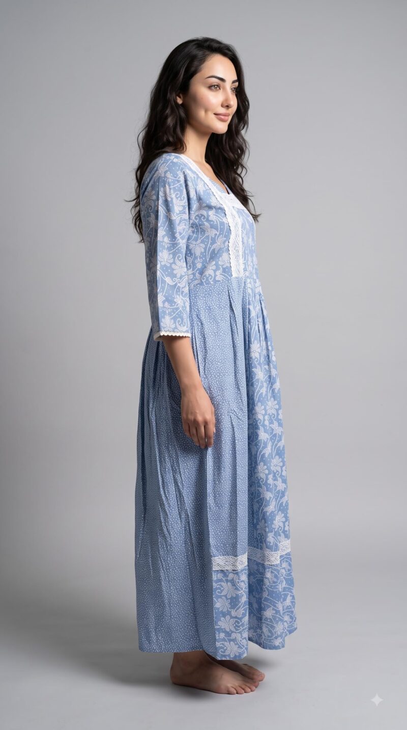 Evolove Farasha Kaftan Jalabiya Style Cotton Maxi Nighty for Women | V-Neck with Lace Trim | 3/4 Sleeves Full Length Nightdress, Light Blue, XL - Image 6