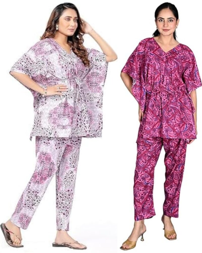 Vlazom Women's 100% Cotton Printed Kaftan & Pyjama Set – Combo Pack of 2 | Free Size Nightwear with Pocket | Soft Cotton Loungewear Co-ord for Women (Rani&Rani, Free Size)