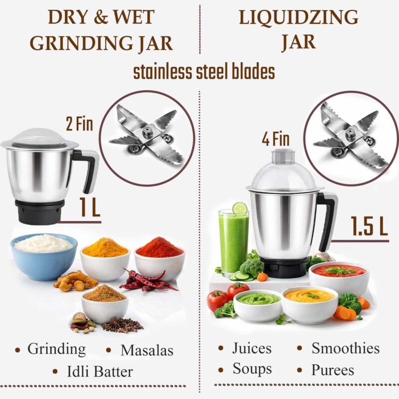 Kanchan Tiago Mixer Grinder 750 watt - 3 Stainless Steel Jars for Wet & Dry Grind & Blend (Chutney, Juices, Puree, Batter, Masala)- Heavy Duty Motor Mixi Grinder, 5 Year Warranty, ISI Certified - Image 7