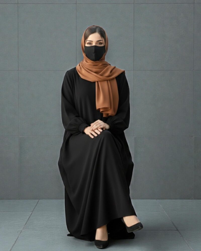 Bashariya Front Open Zipper Abaya for Women in Firdaus Fabric | Smocking Sleeves | Modest Islamic Dress with Belt & Matching Hijab | Elegant Free Size Kaftan Style Abaya-(BLACK-XL) - Image 6