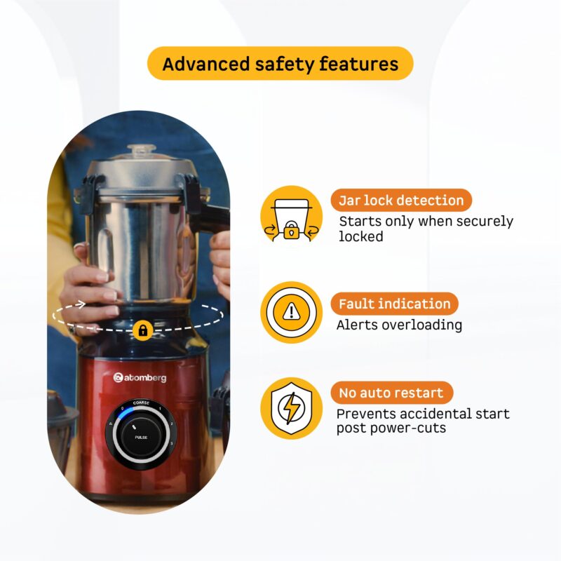 Atomberg Zenova Mixer Grinder For Kitchen | Intelligent BLDC Motor | Grinds Like 1000 Watt | Unique Coarse Mode for Silbatta Texture | 4 Jars With Chopper | Hands-Free | Safety Features | Red Wine - Image 7