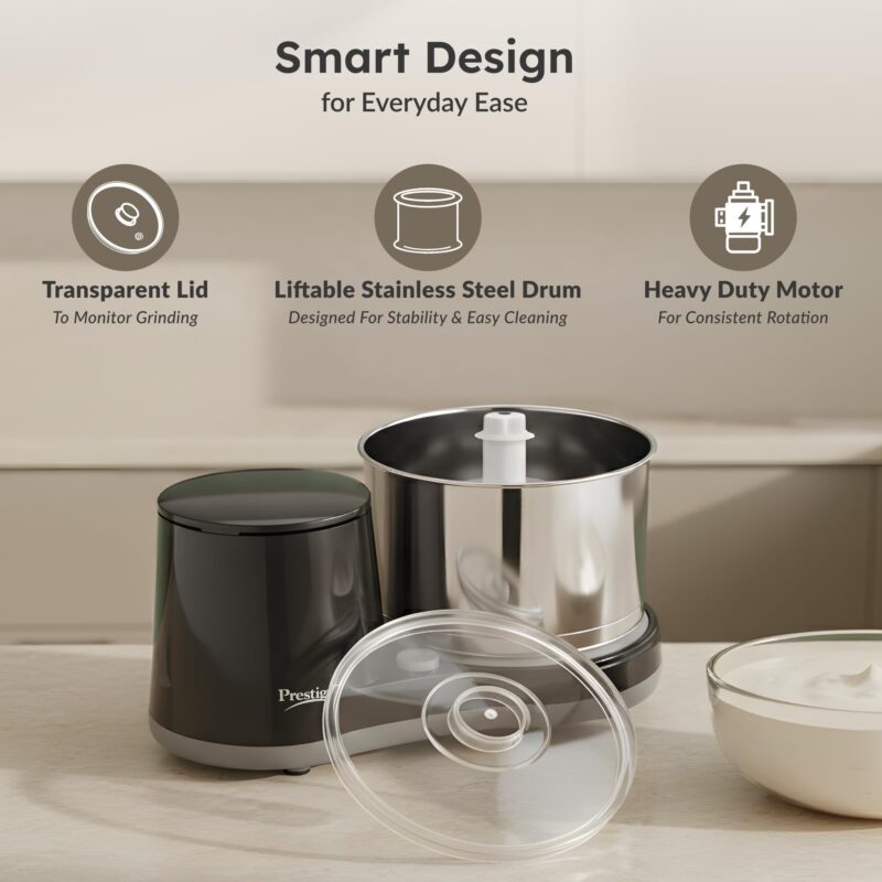 Prestige Ultima Pro 2 Litre Table Top Wet Grinder |200 Watts Heavy Duty Motor|Coconut Scraper Attachment|Atta Kneader Attachment|Stainless Steel Drum|2 Years Warranty|Grey & Black - Image 4