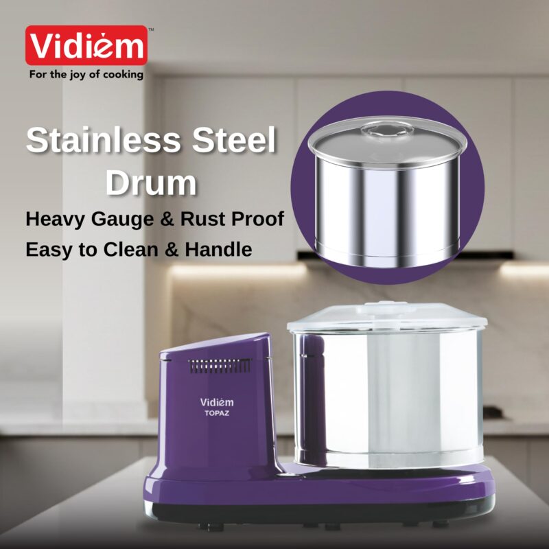 Vidiem Topaz 150W Wet Grinder for Idli Dosa Batter | 2L Stainless Steel Drum, Extra Wide Stone Rollers, High Torque Motor | ISI Certified | ABS Body | 5-Yr Motor Warranty | Lavender - Image 4