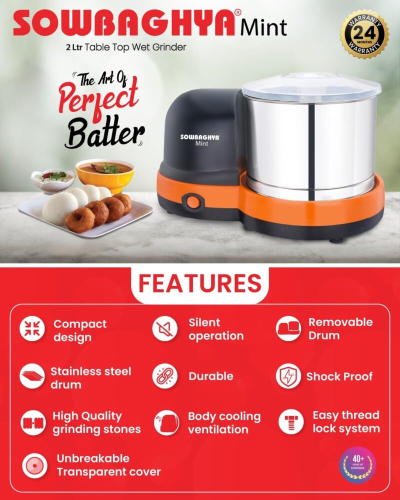 SOWBAGHYA Mint 2Ltr Table Top Wet Grinder | Heavy Duty Motor | Ideal for Your Kitchen | 2Ltr Wet Grinder for All Kinds of Batter for South Indian Dishes | ABS (Black) - Image 4