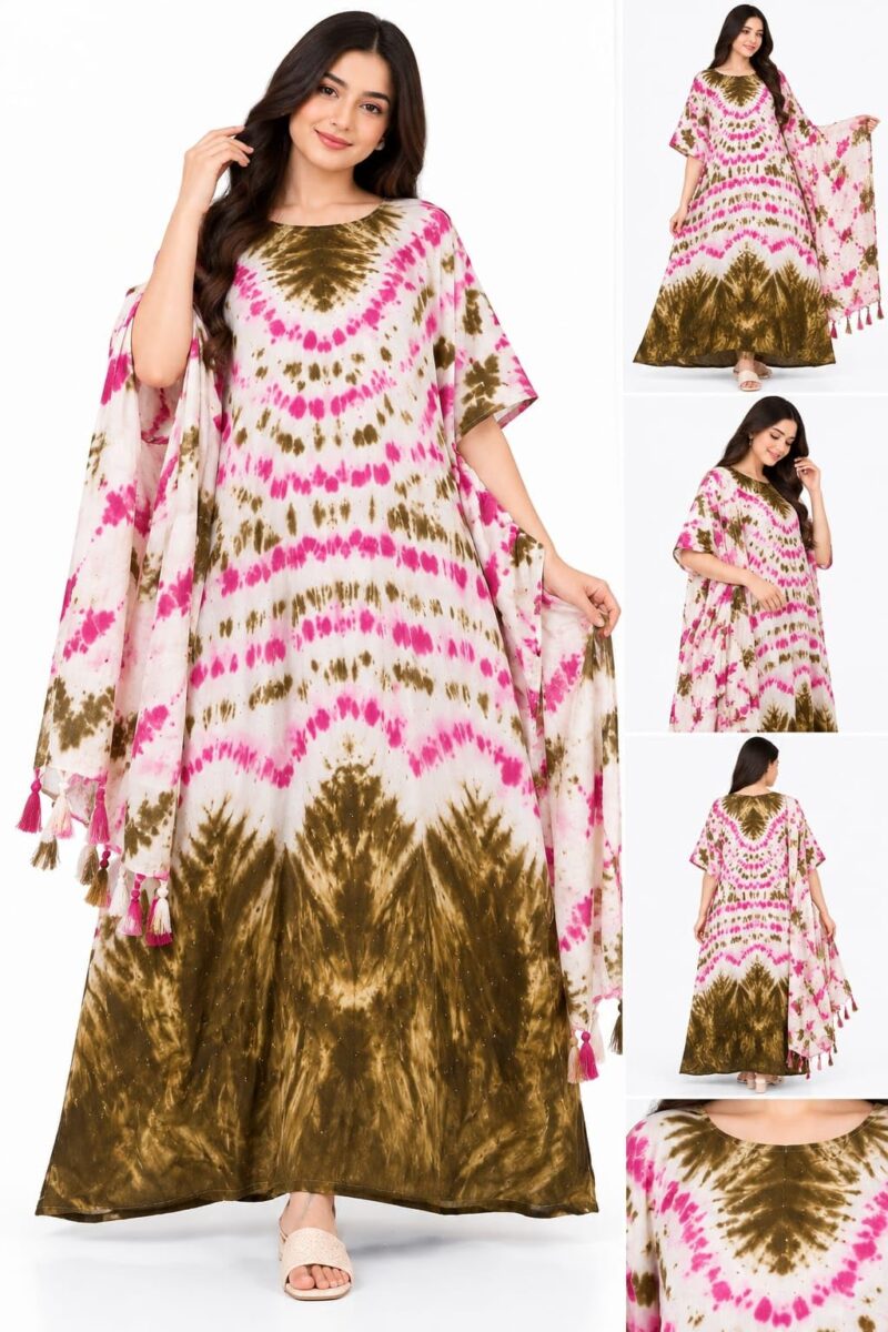 Tie-Dye Kaftan Nighty Set with Dupatta, Free Size - Image 2