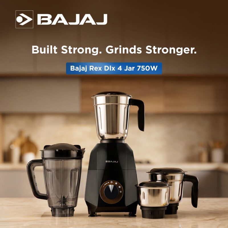 Bajaj Rex Dlx Ninja Series 4 Jar 750W Mixer Grinder | DuraCut Blades | 4 Stainless Steel Mixer Jars | Dry & Wet Grinding | 2 Yrs Warranty 【Black/Brown】 - Image 3