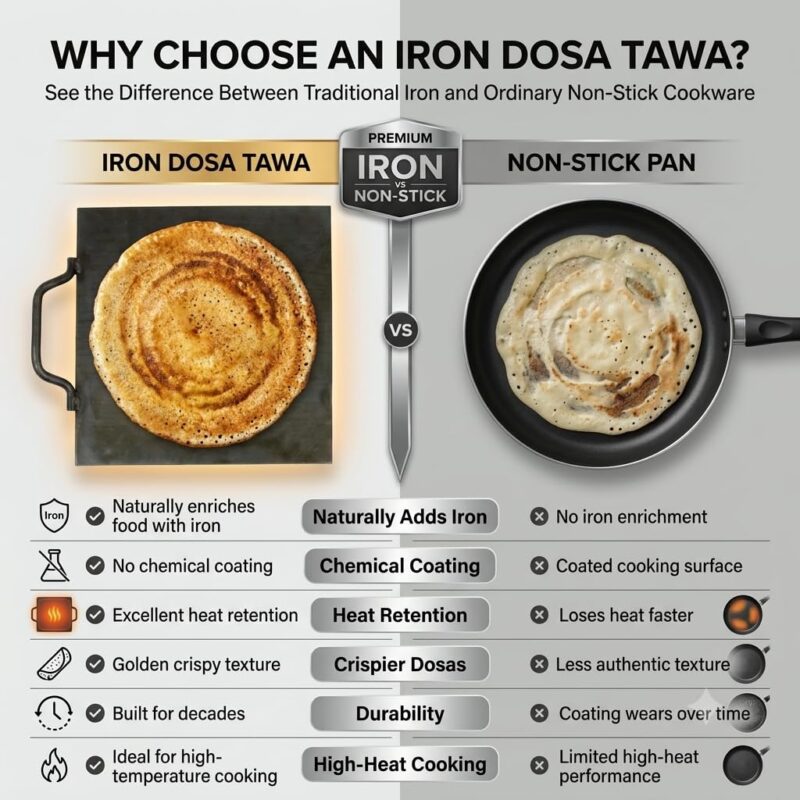 PRINA E-SHOP Iron Dosa Tawa with Free Spatula, Flat Square Kallu with Handle, Heavy Duty Tava for Crispy Dosas, Roti & Uttapam, Gas & Induction Compatible - 12 inch (Black) - Image 6