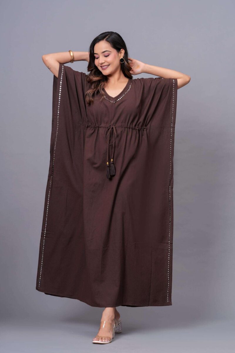 TEXTILE TONES Women’s Chocolate Brown Kaftan Dress - V Neck Maxi Dress with Adjustable Waist Tie, Lightweight Loose Fit Beach Cover Up for Vacation, Resort, Poolside & Casual Wear, Free Size - Image 5