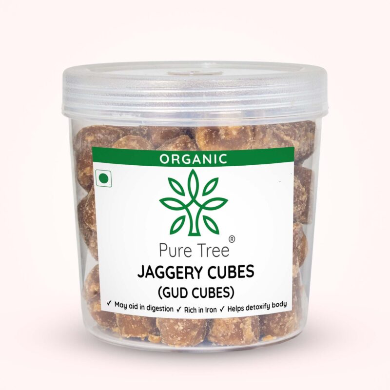 Pure Tree Certified Organic Jaggery Cubes Small | 800 g | Jar | Sugarcane Gur Cubes | Desi Gud Jaggery Cubes from Jaggery Block (No Preservatives)