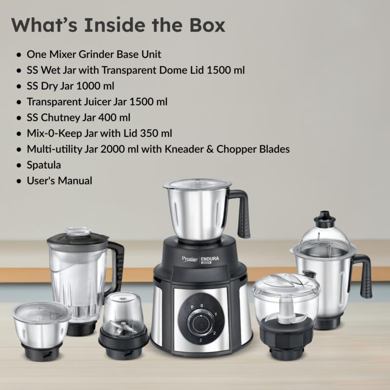 Prestige Endura 1000 Watt Mixer Grinder with 6 Jars | Heavy-Duty Ball Bearing Motor | 3 Stainless Steel Jars + 1 Juicer + 1 Mix-O-Keep + 1 Multi-Utility | SS Baldes | Black | 5Y Motor Warranty - Image 9