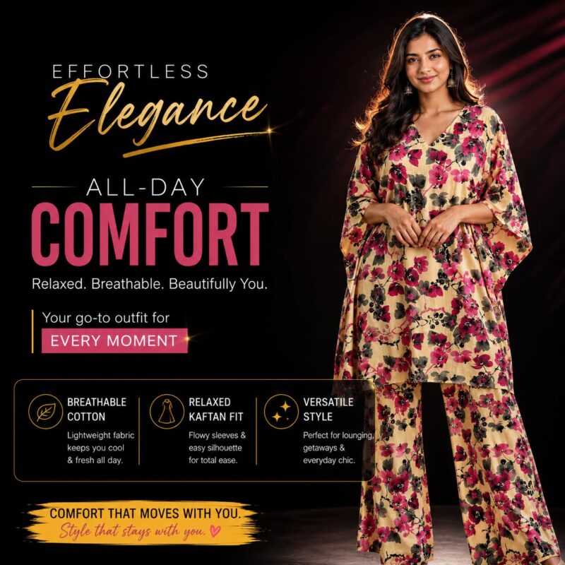 Women's Floral Printed Cotton Kaftan & Palazzo Set | V-Neck Loose Fit Lounge Wear Co-Ord Set | Soft Breathable Casual Nightwear Loungewear for Women | Beige (XXL) - Image 6