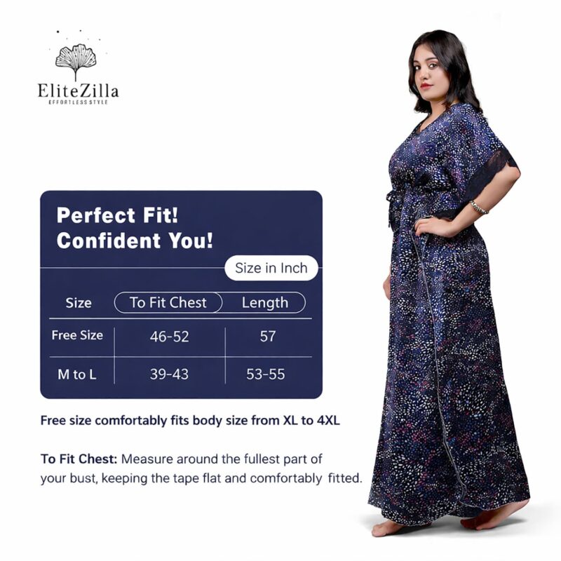 EliteZilla Kaftan Nighty| Nighty for Women Stylish| Night Gown for Women Stylish| Malai Satin Soft Fabric| Easy Front Zip| Relaxed Free Size Fit with Drawstring| Midnight Blue - Image 6
