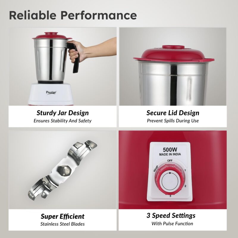 Prestige Orion 500 Watts Mixer Grinder with 3 Stainless Steel Jars |3 Super Efficient Stainless Blades |Sturdy Handles|Red & White - Image 6