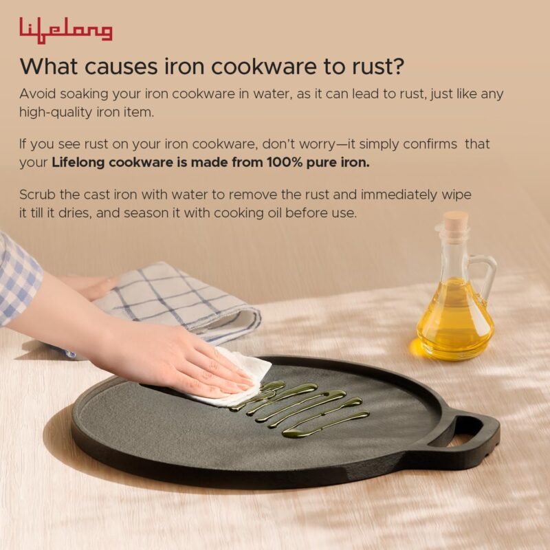 Lifelong Cast Iron 2-in-1 Dosa Tawa & Grill with Wooden Spatula (30cm) | Double-Sided Tawa/Pan for Roti, Dosa, Chapati, Fish & Steak | Naturally Nonstick, Gas & Induction Cookware | Reversible Cooking - Image 5