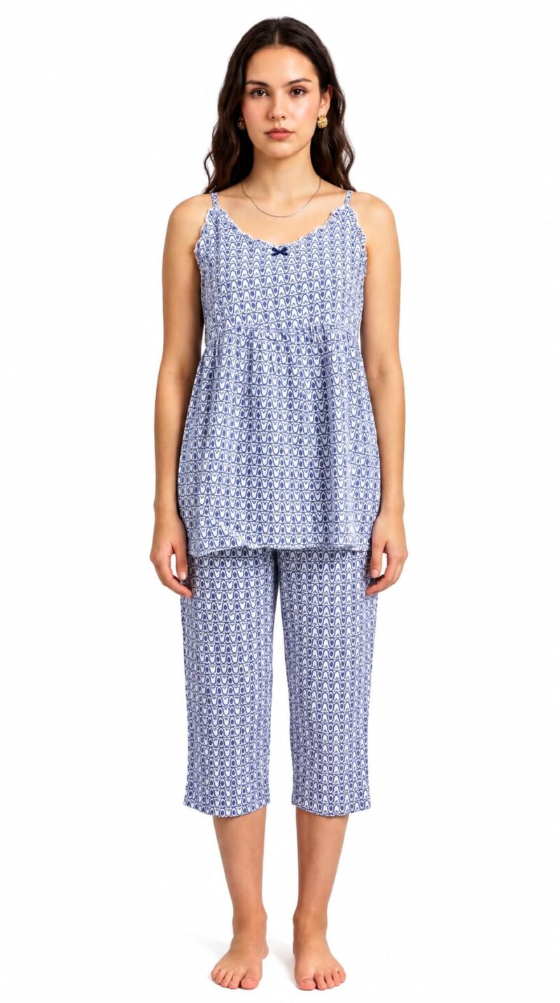Evolove x Venus Rayon Slub Floral Capri Pajama Set for Women | V-Neck Short Sleeve Top & Capri Pants | Night Suit, Dusty Blue, M