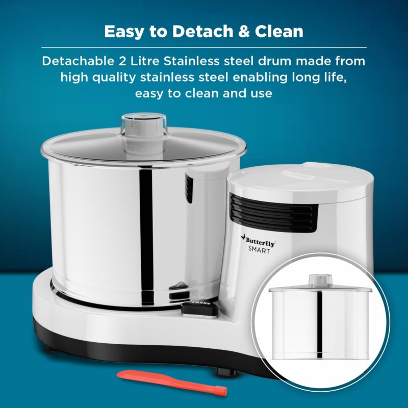 Butterfly Smart 2 Litres Table-Top Wet Grinder|150 Watts|Shockproof ABS Body| Coconut Scrapper Attachment|2 stones with 4-Way Grinding| Stainless Steel Drum | 2 Years Manufacturer's Warranty | White - Image 6