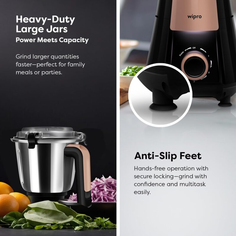 Wipro Elato Divine FMG 215 800 Watt Mixer Grinder with 4 Jars,Heavy Duty 100% Copper Ball Bearing Motor with 5 Year Warranty,Superfast Grinding,Clip Lids - Hands Free use, 4 Jars Mixer Grinder,Black - Image 7