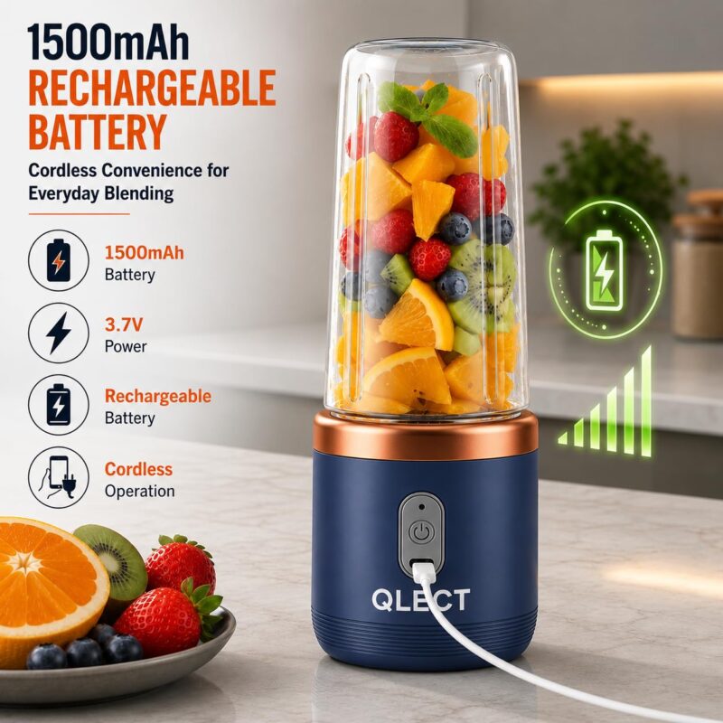QLECT Portable Blender for Smoothies & Juices | 400ml Personal Juicer Mixer Grinder | 1500mAh USB Rechargeable Battery | 2 Jars | Stainless Steel Blades | ISI Certified | Made in India(Blue) - Image 3
