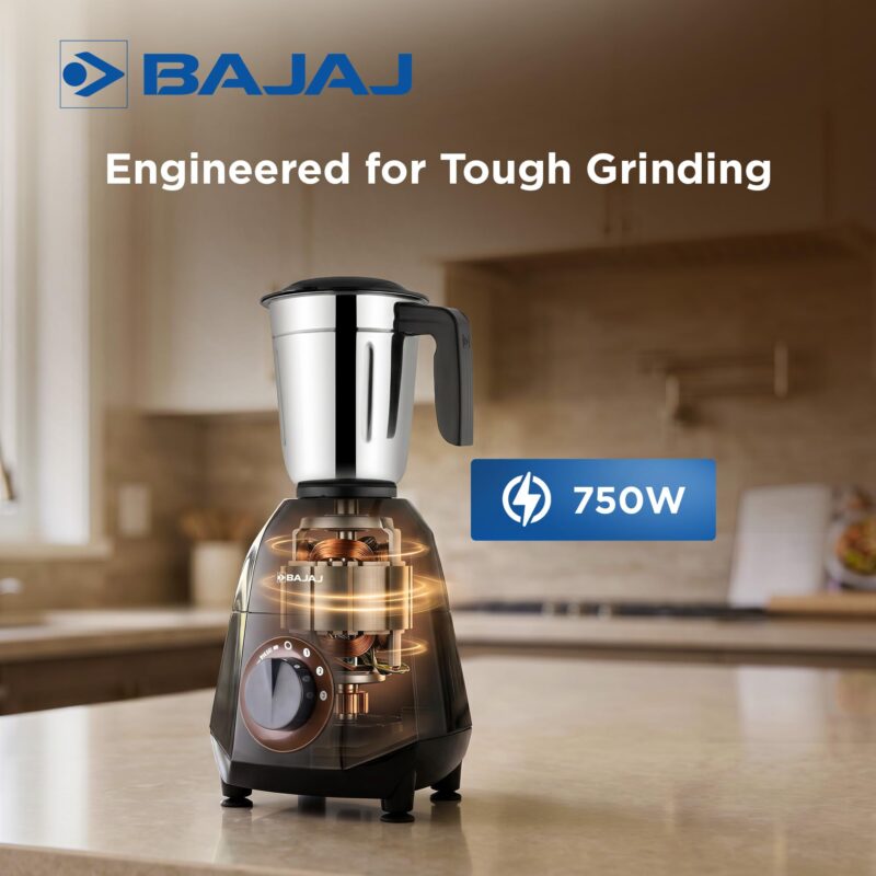 Bajaj Rex Dlx Ninja Series 4 Jar 750W Mixer Grinder | DuraCut Blades | 4 Stainless Steel Mixer Jars | Dry & Wet Grinding | 2 Yrs Warranty 【Black/Brown】 - Image 4