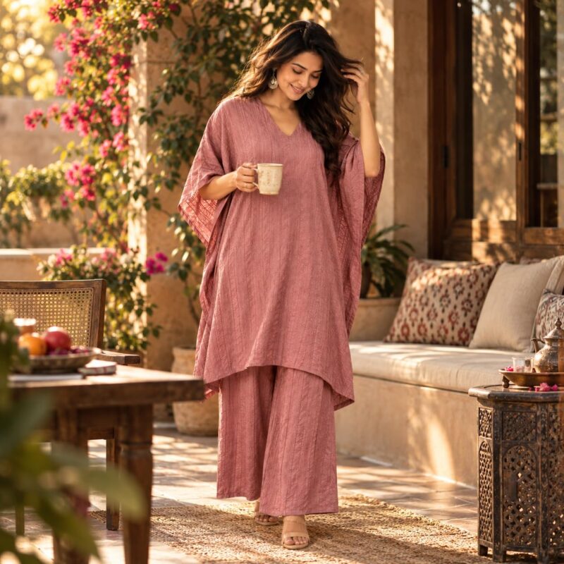 Women's Pure Cotton Kaftan Co-ord Set, Asymmetric Hem - Image 7