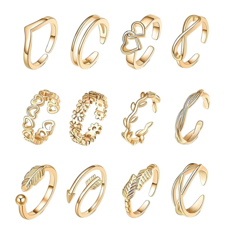 Urvara 12 PCS Toe Rings, Adjustable Rings Set for Women, Stackable Gold Toe Rings for Daily Wear and Beach Parties, Fashion Jewelry Accessories for Gift Giving