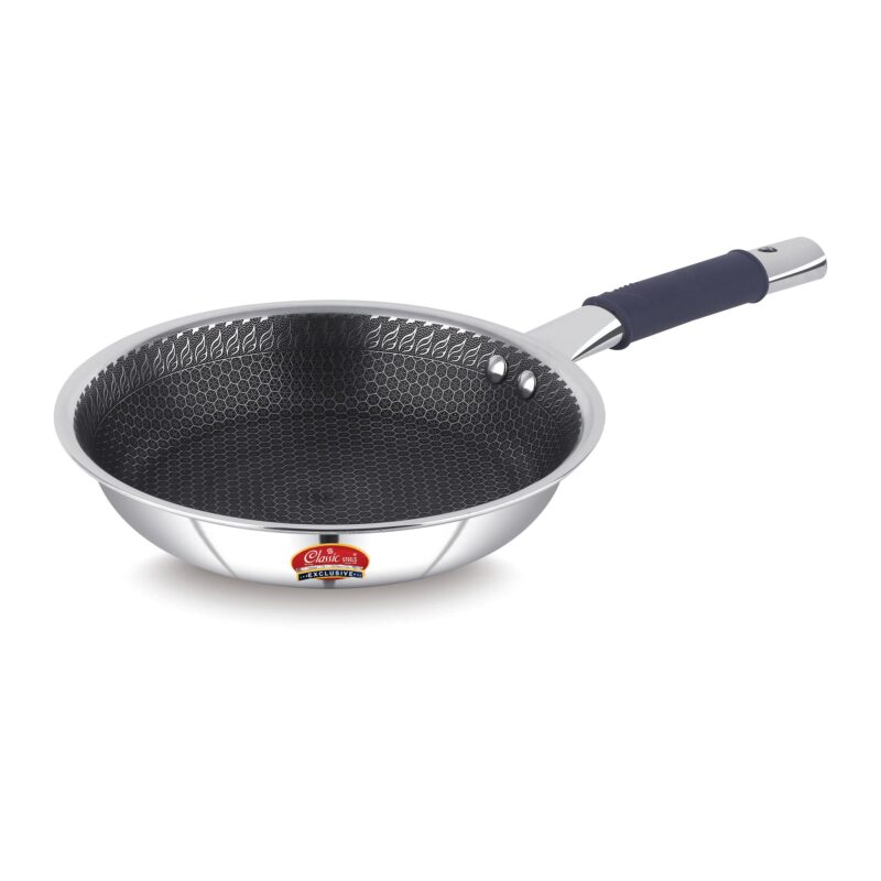 Classic Steels Hexa Comb Triply Frypan Without Lid – 1 LTR (20cm) | Stainless Steel Non-Stick Fry Pan | Induction & Gas Compatible | 2.5mm Thickness | Durable Stay Cool Silicon Handle