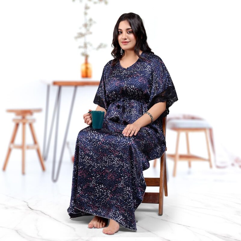 EliteZilla Kaftan Nighty| Nighty for Women Stylish| Night Gown for Women Stylish| Malai Satin Soft Fabric| Easy Front Zip| Relaxed Free Size Fit with Drawstring| Midnight Blue - Image 5